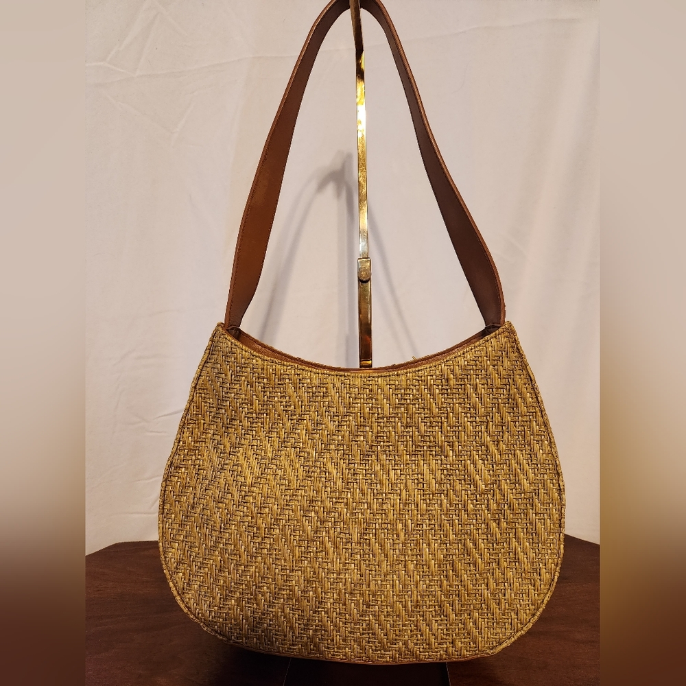 Vintage Fossil Straw weave bag with leather trim